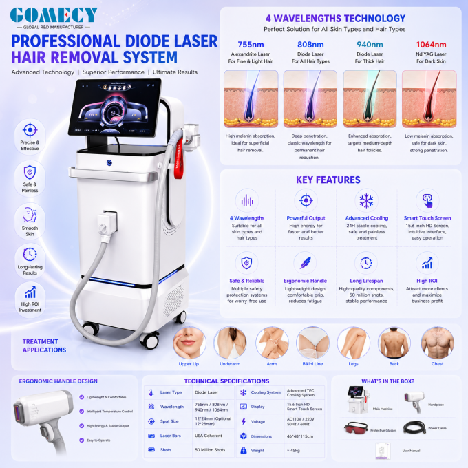 Professional Permanent Hair Removal Laser System for Beauty Clinics, Medical Aesthetic Centers and Salons  The 3000W Multi-Wavelength Diode Laser Hair Removal Machine is a newly developed professional laser beauty system that combines powerful energy output, intelligent control technology, and advanced cooling performance.  Equipped with four professional laser wavelengths (755nm, 808nm, 940nm, and 1064nm), this diode laser system is designed to provide effective hair reduction solutions for various hair colors, hair thicknesses, and skin types.  The advanced multi-wavelength technology allows energy to penetrate different depths of hair follicles, making the system suitable for fine hair, thick hair, curly hair, and stubborn hair.  Featuring a 15.6-inch 4K Android touch screen, adjustable energy parameters, multiple spot sizes, and a comprehensive cooling system, this professional hair removal equipment provides a reliable solution for high-volume beauty clinics and aesthetic professionals.  Advanced 4 Wavelength Laser Technology  Traditional hair removal machines usually use a single wavelength, which limits treatment flexibility.  This new generation diode laser machine combines four wavelengths in one platform:  755nm Wavelength â Precision Hair Removal  The 755nm wavelength offers high melanin absorption and is suitable for:  Fine hair Light-colored hair Facial areas Delicate treatment zones 808nm Wavelength â Classic Diode Laser Performance  The 808nm wavelength provides balanced penetration and absorption:  Deep follicle targeting Effective for most hair types Suitable for large treatment areas Widely used in professional clinics 940nm Wavelength â Enhanced Follicle Targeting  The 940nm wavelength helps improve treatment efficiency:  Suitable for thicker hair Supports deeper follicle treatment Enhances overall treatment coverage 1064nm Wavelength â Dark Skin Solution  The 1064nm wavelength offers:  Lower melanin absorption Safer treatment for darker skin Support for Fitzpatrick skin types IV-VI High Power 3000W Laser Platform  Designed for professional commercial use, this system provides strong and stable laser performance.  Output Power Options: 1200W (800W laser output) 2400W (1200W laser output) 3000W (1600W laser output) Adjustable Treatment Parameters: Pulse width: 5-400ms Energy density: 1-200J/cmÂ² Frequency: 1-10Hz  Professionals can adjust treatment parameters according to:  Skin type Hair thickness Hair color Treatment area  This ensures optimized performance for different clients.  Intelligent 15.6-Inch 4K Android Touch Screen  The machine adopts a modern smart operating system with a large high-definition display.  Screen Features: 15.6-inch 4K touch screen Android operating system Intelligent interface Easy parameter adjustment Clear treatment information display  The smart control system improves operation efficiency and provides a more convenient user experience for professional operators.  Flexible Spot Size Design  Different treatment areas require different spot sizes.  This diode laser hair removal system supports multiple treatment spot options:  6mm precision nozzle 12Ã14mmÂ² 12Ã22mmÂ² 12Ã30mmÂ²  Advantages:  Precise treatment for small areas Faster operation for large body areas Improved treatment flexibility Comprehensive Cooling System for Maximum Comfort  High-performance laser systems require reliable cooling technology.  This machine integrates multiple cooling solutions:  Cooling Technology:  â Water Cooling System â Air Cooling System â Semiconductor Cooling â TEC Cooling Technology â Automotive Cooling Blanket  The sapphire contact cooling system maintains the treatment tip temperature at:  -5Â°C to 5Â°C  Benefits:  Protects the epidermis Reduces heat sensation Improves patient comfort Supports long working hours Professional Applications  The multi-wavelength diode laser system is widely used for:  Hair Removal Applications Face hair removal Beard removal Underarm hair removal Arm hair removal Leg hair removal Chest hair removal Back hair removal Bikini hair removal Suitable Hair Types  Effective for:  Fine hair Thick hair Curly hair Coarse hair Unwanted hair Suitable Skin Types  Works with:  Fitzpatrick Skin Type I Fitzpatrick Skin Type II Fitzpatrick Skin Type III Fitzpatrick Skin Type IV Fitzpatrick Skin Type V Fitzpatrick Skin Type VI Product Specifications Specification	Details Product Type	Professional Diode Laser Hair Removal Machine Laser Technology	Multi-Wavelength Diode Laser Wavelength	755nm / 808nm / 940nm / 1064nm Input Power	3000W Laser Output Options	1200W / 2400W / 3000W Pulse Width	5-400ms Energy Density	1-200J/cmÂ² Frequency	1-10Hz Spot Size	6mm / 12Ã14mmÂ² / 12Ã22mmÂ² / 12Ã30mmÂ² Cooling System	Water + Air + Semiconductor + TEC + Automotive Cooling Blanket Sapphire Cooling	-5Â°C to 5Â°C Display System	15.6-inch 4K Android Touch Screen Power Requirement	AC220VÂ±10%,50Hz / AC110VÂ±10%,60Hz Laser Water Temperature	30Â°C Why Choose This Professional Diode Laser Hair Removal System? Multi-Wavelength Advantage  Four wavelengths provide wider treatment coverage than conventional single wavelength laser machines.  High Efficiency Performance  The powerful 3000W platform and high energy density support fast professional treatments.  Smart Operation System  The Android 4K touchscreen simplifies operation and improves user experience.  Advanced Cooling Protection  Multiple cooling technologies ensure stable performance and comfortable treatments.  Commercial Beauty Equipment Solution  Suitable for:  Beauty equipment distributors Aesthetic clinic suppliers Professional salons Medical beauty centers FAQ Q1: What is the difference between 4 wavelength diode laser and normal diode laser?  A: The four wavelength system combines different laser wavelengths to target different follicle depths, providing more flexible treatment options.  Q2: Can it remove thick and curly hair?  A: Yes. The adjustable energy and multiple wavelengths make it suitable for different hair thicknesses, including coarse and curly hair.  Q3: Does the machine support all skin colors?  A: Yes. The combination of 755nm, 808nm, 940nm, and 1064nm wavelengths supports treatment across Fitzpatrick I-VI skin types.  Q4: Is it suitable for commercial use?  A: Yes. The high-power design, intelligent screen, and advanced cooling system are designed for professional clinics and beauty centers.